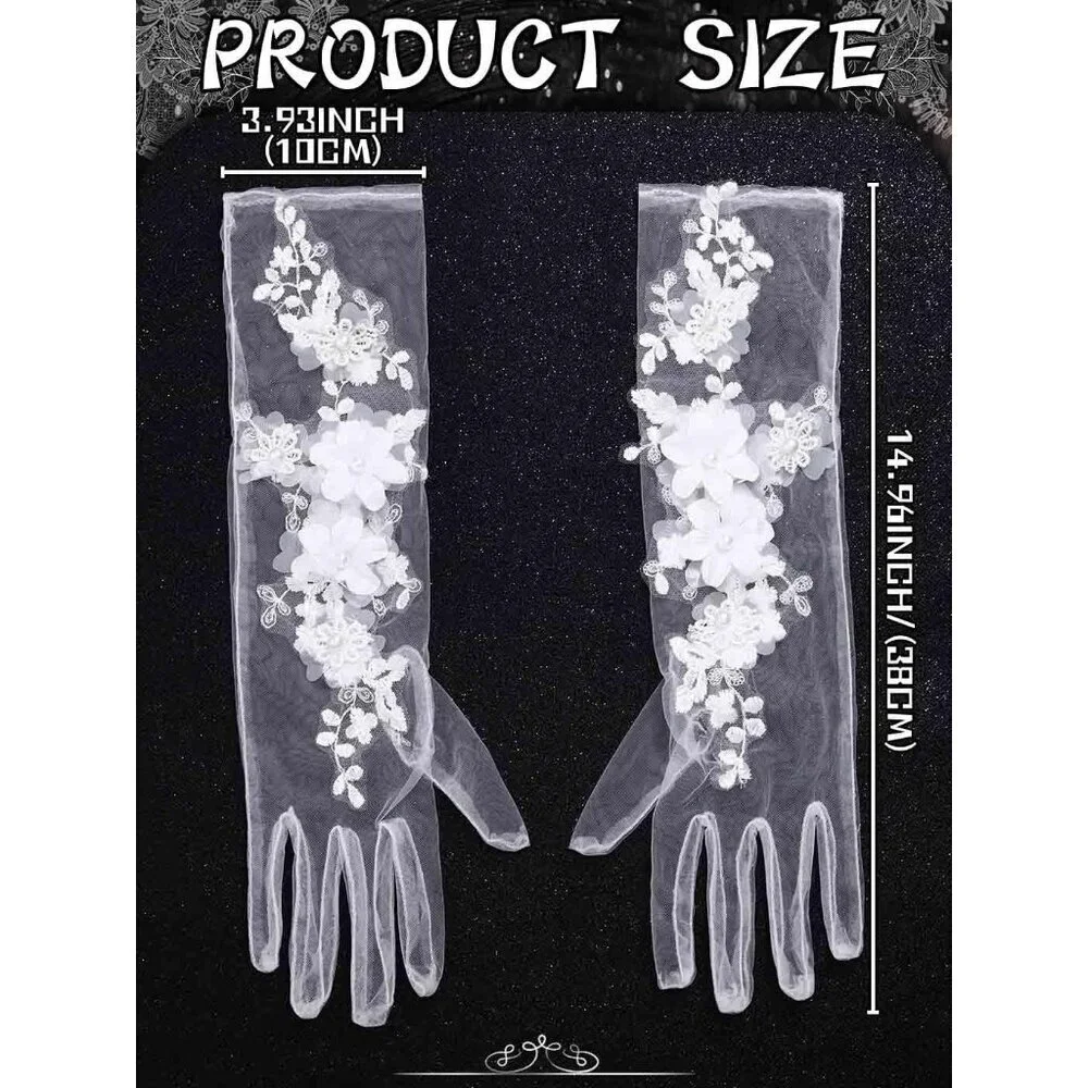 Women's White Floral Lace Halloween Flower Embroidery Gloves Tulle Party Prom